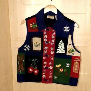 Vintage Christmas Corduroy Blue Vest Applique Khaki Rose Medium